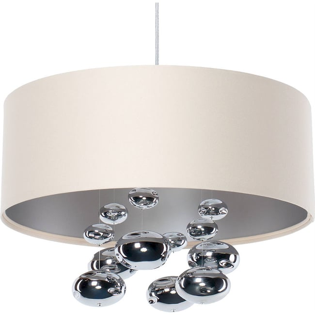 Suspension ronde en tissu avec boules Bubble Light Couleur crème satin et finition argent mat <span itemprop=