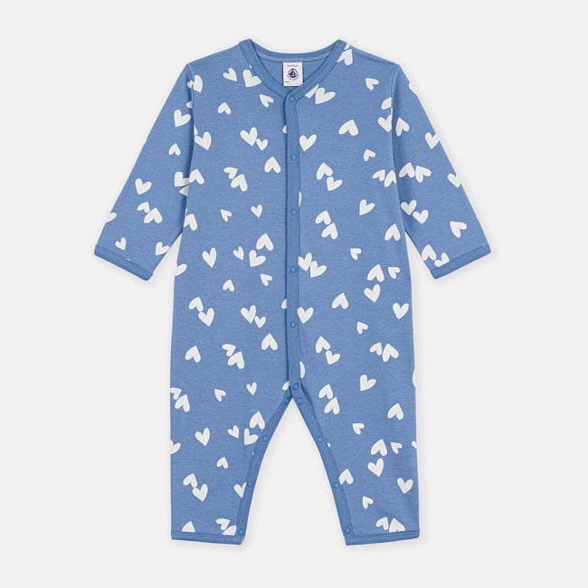 Pyjama sans pieds, en coton, imprimé cœurs imprimé fond bleu <span itemprop=