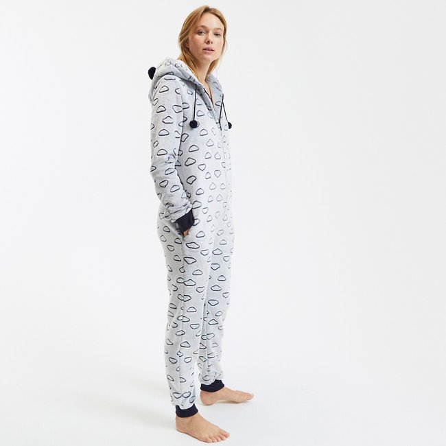 Jumpsuit aus Fleece mit Wolkenmuster grau <span itemprop=