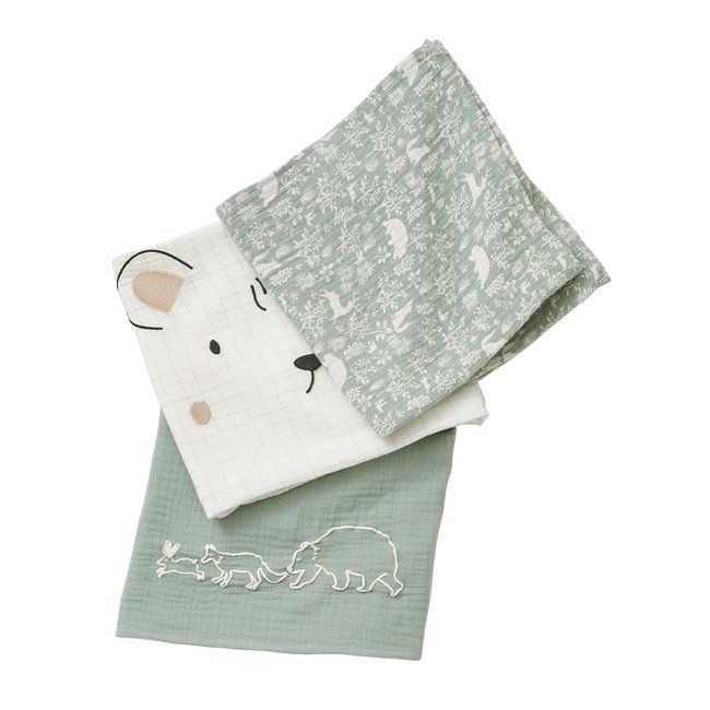 Lot de 3 langes en gaze de coton DANS LES BOIS multicolore <span itemprop=