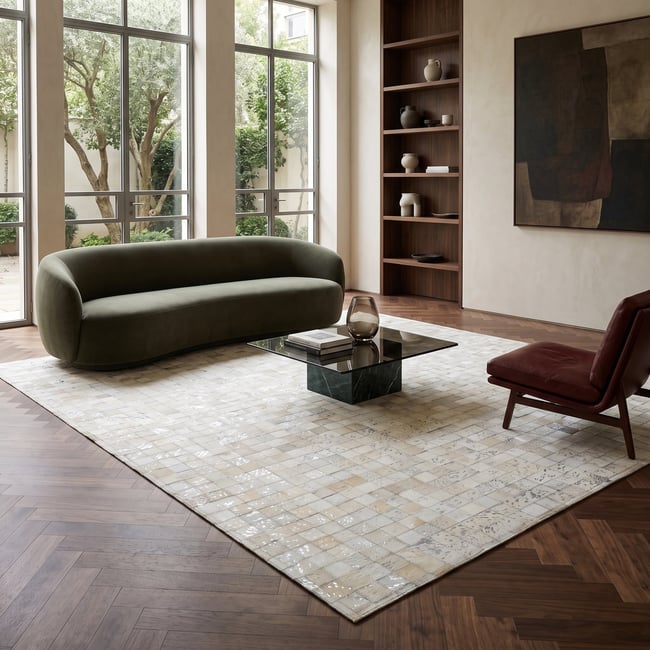Tapis en cuir véritable CUIR MOZAIQUE METAL SILVER Couleur blanc, argenté <span itemprop=