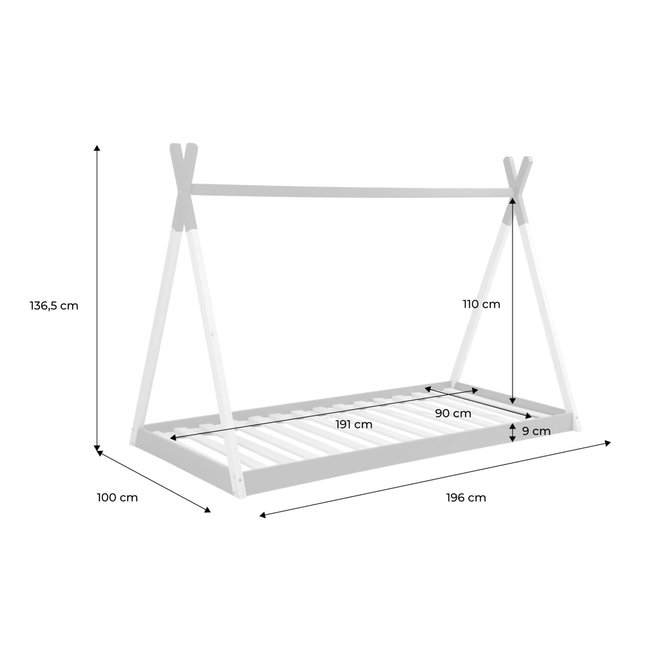 Lit tipi enfant 90 x 190cm bois de pin sommier à lattes inclus TOBIAS Couleur blanc <span itemprop=