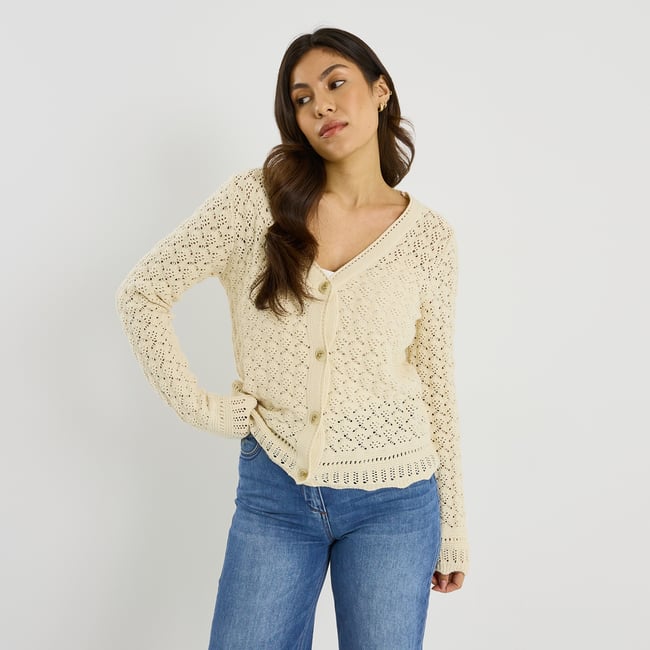 Gilet à boutons col V blanc cassé <span itemprop=