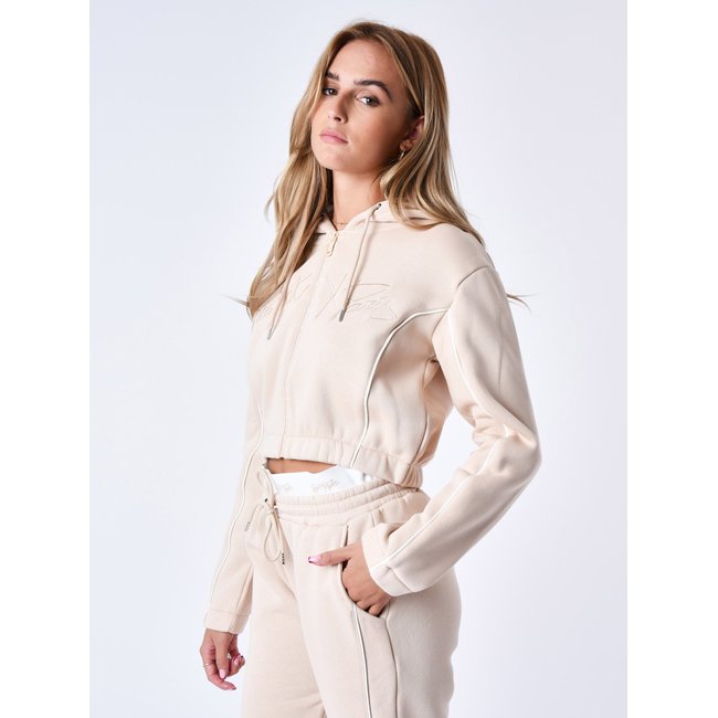 Hoodie Zippé à bande élastique beige <span itemprop=
