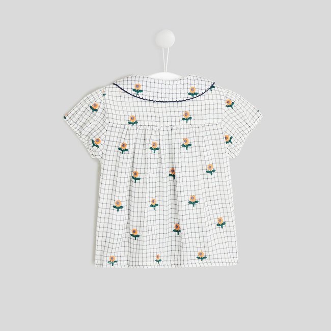 Blouse à carreaux brodée fleurs en coton BIO, Oeko-Tex naturel <span itemprop=