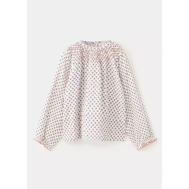 Blouse en coton à fleurs blanc cassé <span itemprop=