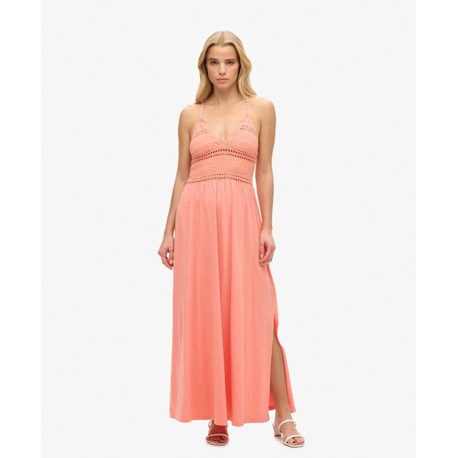 Robe longue en jersey et dentelle corail fusion <span itemprop=