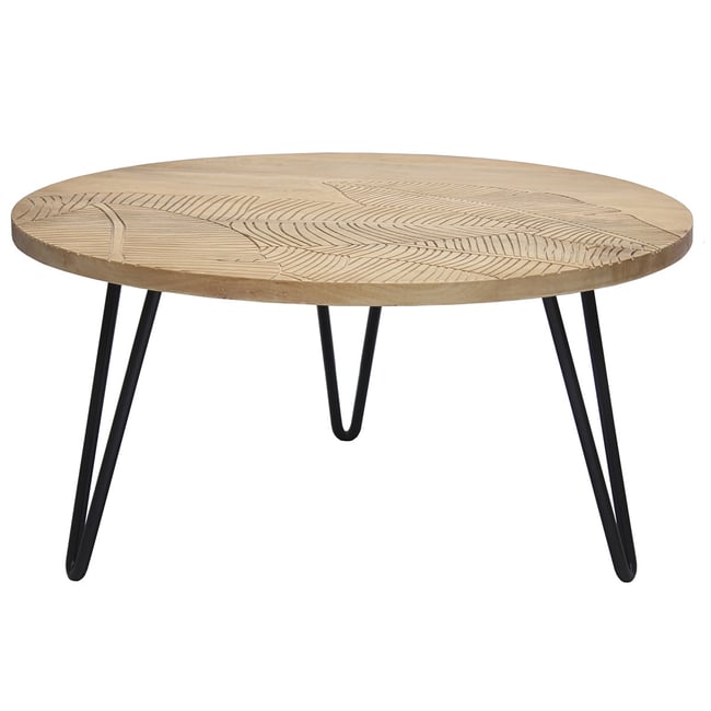 Table basse ronde gravée bois manguier massif et métal noir D80 cm VIBES Couleur naturel <span itemprop=