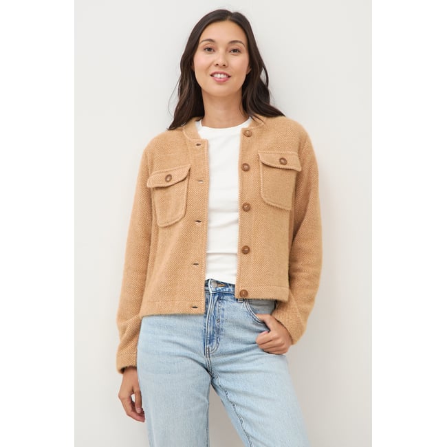Gilet droit manches longues col mao camel <span itemprop=