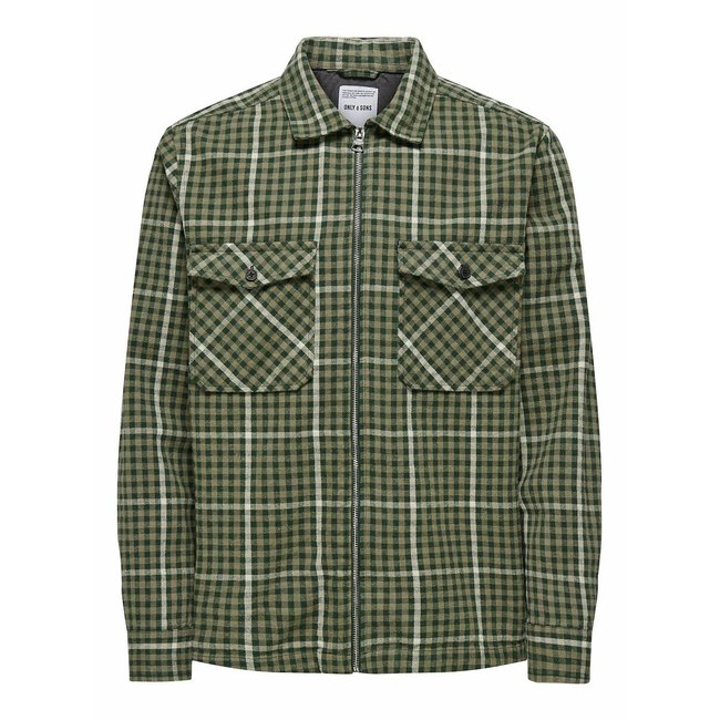 Checked Cotton Shacket with Zip Fastening, green, ONLY & SONS