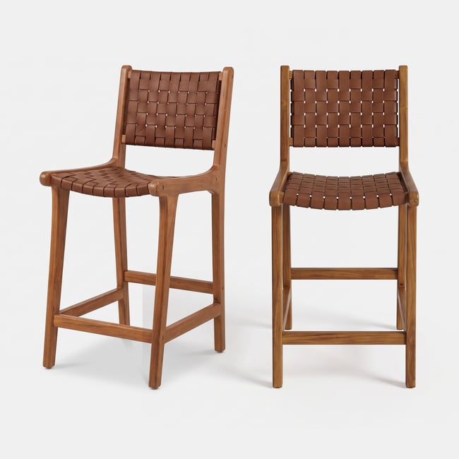 Lot de 2 chaises pour îlot central 66,5 cm en teck et cuir tressé - KUNA - MAISON PAVANE