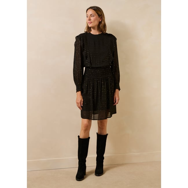 Robe courte en voile manches longues col rond noir <span itemprop=