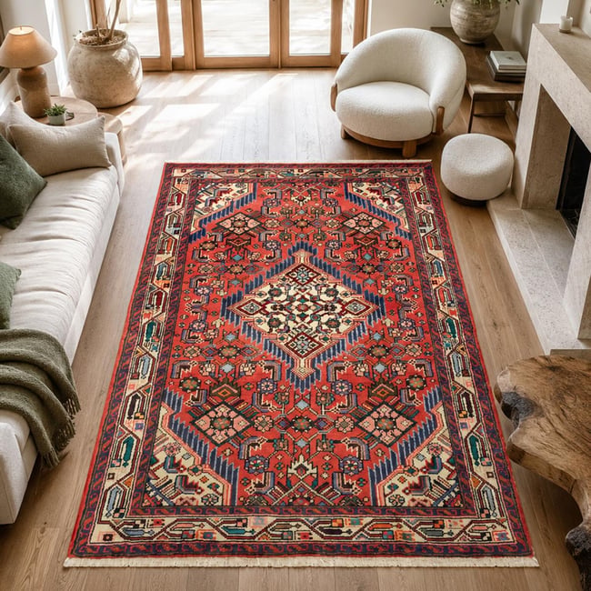 Tapis d'orient au motif oriental, noué main en laine, HAMADAN 25 Couleur rouge, bleu, crème <span itemprop=