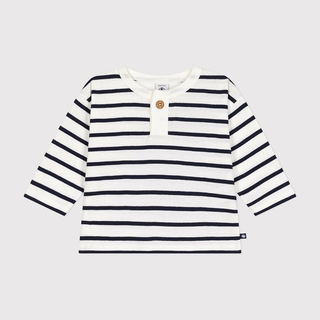 Camiseta de manga larga de algodón de rayas blanco con rayas azules <span itemprop=