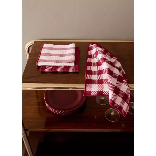 Lot de 3 torchons de cuisine 100 % lin à carreaux de Noël rouge <span itemprop=