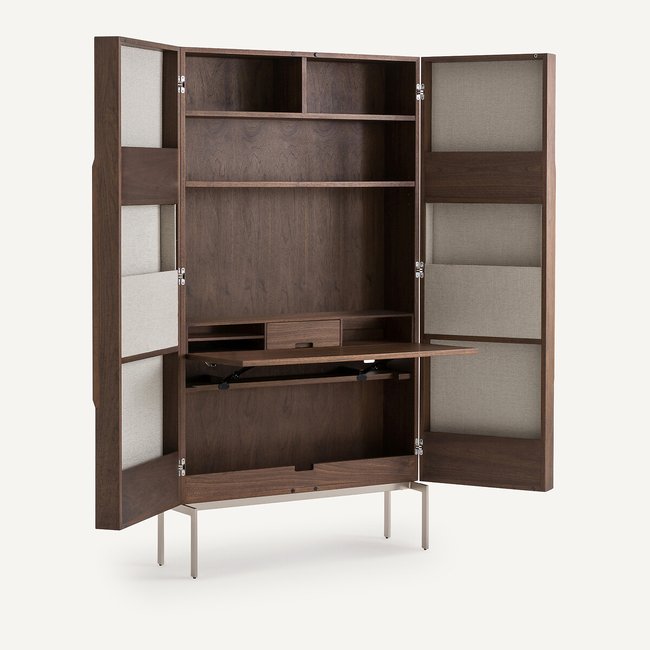Bureau armoire noyer tissu et nickel satiné, Omid Couleur bois foncé noyer/lin <span itemprop=
