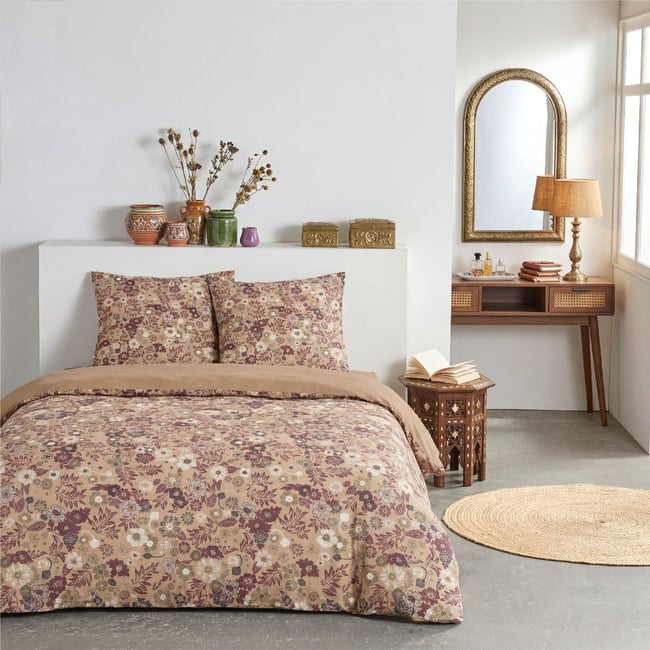 Parure de lit 2 personnes imprimé SUNSHINE VICTORIA marron <span itemprop=