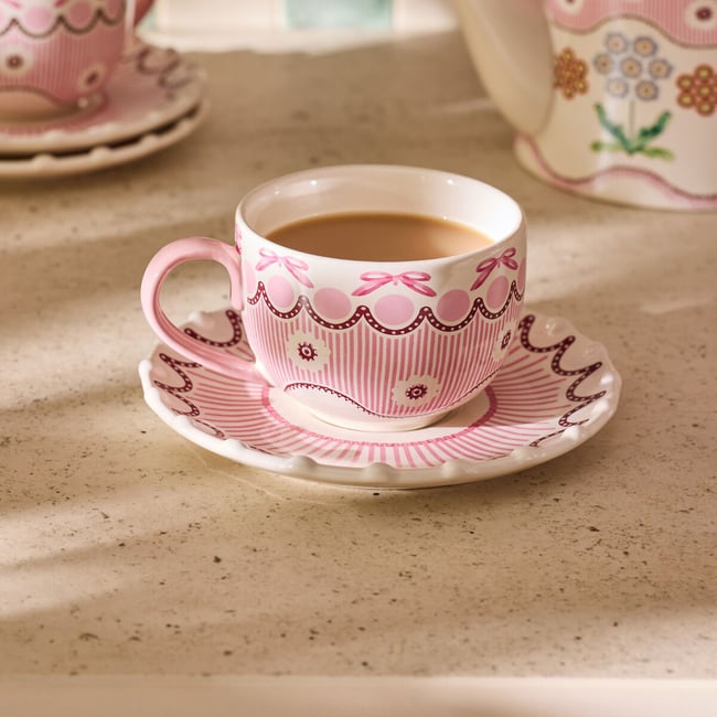 Spitalfields Silk Teacup & Saucer, pink, CATH KIDSTON
