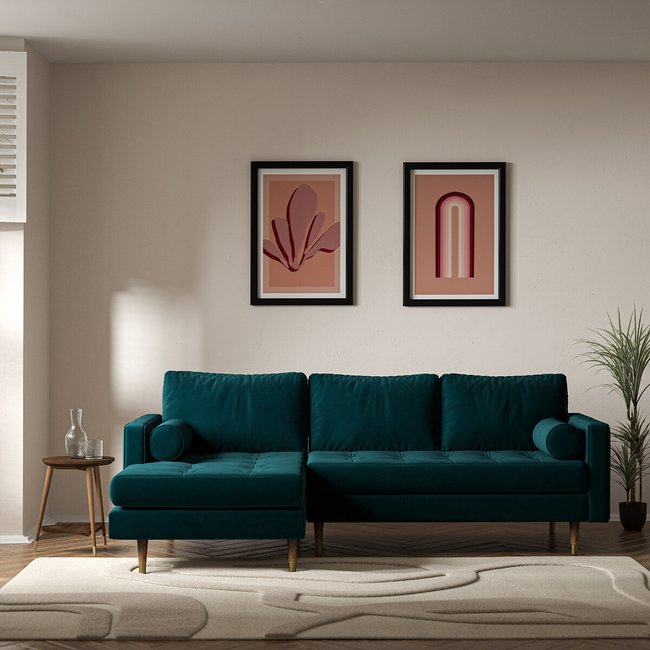 Coco Mid-Century Velvet Chaise - Left facing with Walnut Legs - SO'HOME