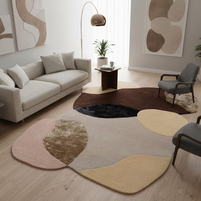 Tapis salon LONMA forme orgnanique, motif abstrait en laine et viscose Couleur marron, beige, jaune, multicolore <span itemprop=