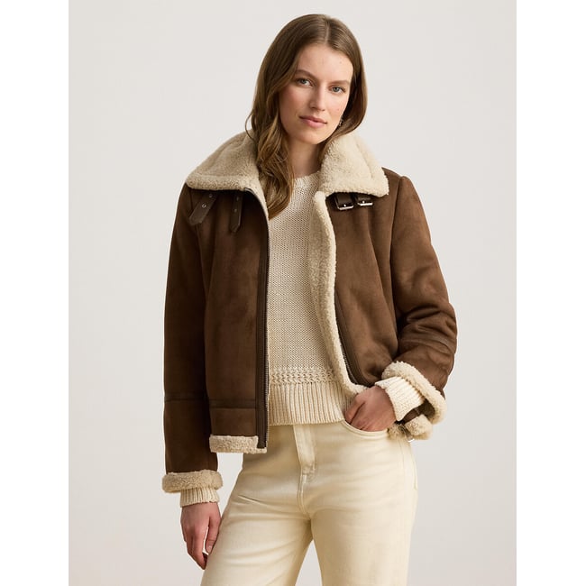 Blouson style aviateur, détails en sherpa tabac <span itemprop=