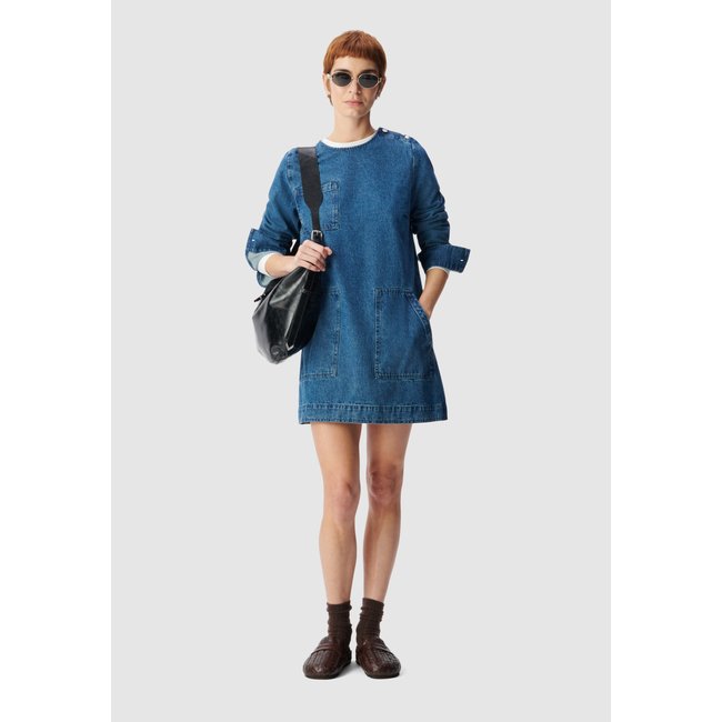 Robe en jean trois poches plaquées bleu turquoise <span itemprop=