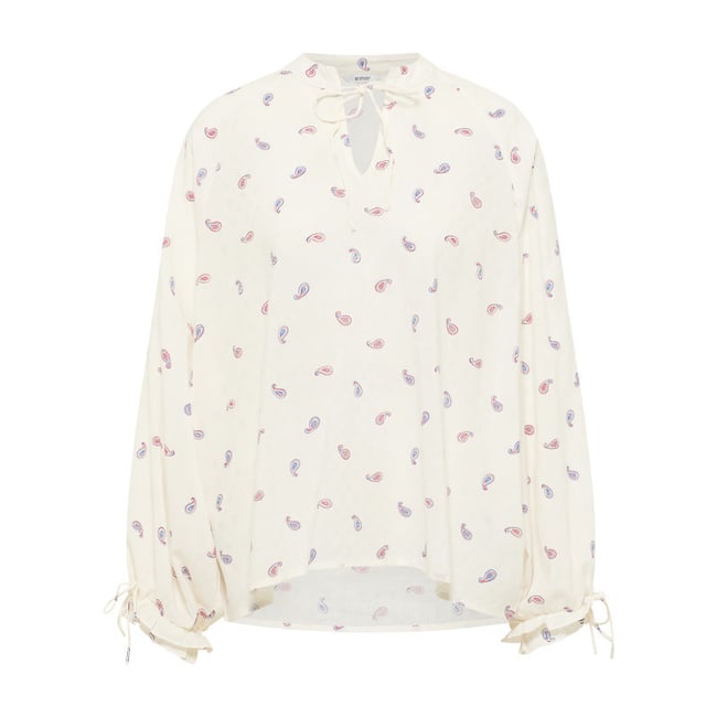 Blouse écrue ornée d'un motif fantaisie avec un col tunisien ecrue <span itemprop=