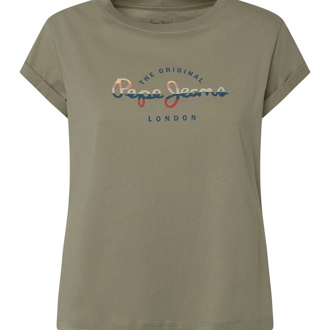 Slogan Print Cotton T-Shirt with Short Sleeves, green, PEPE JEANS