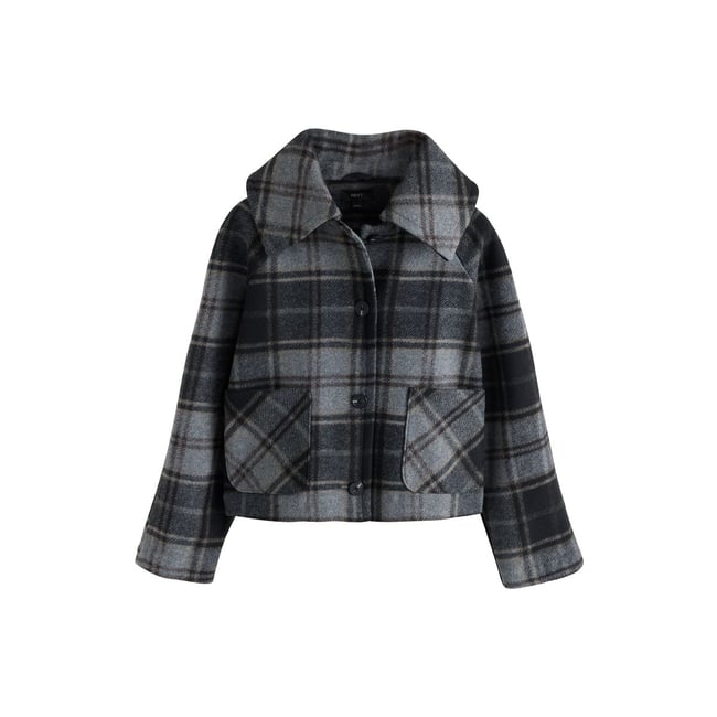 Veste courte à carreaux avec col gris <span itemprop=