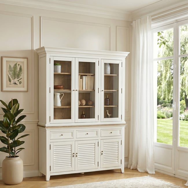 Vaisselier style shabby chic, plateau en chêne, 6 portes, 3 tiroirs EDEN Couleur blanc <span itemprop=