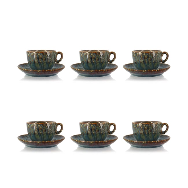 Lot de 6 tasses et soucoupes en porcelaine, VENUS Couleur bleu-vert <span itemprop=