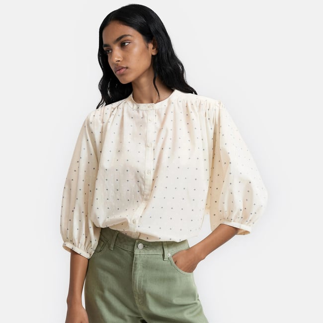 Signatures Berthe Embroidered Cotton Oversized Mandarin Collar Blouse, ivory embroidered, LA REDOUTE COLLECTIONS