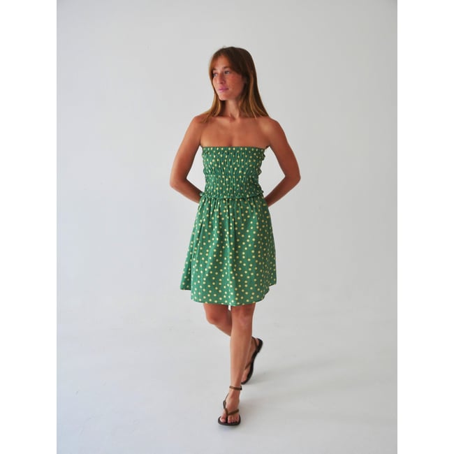 Robe courte bustier à pois EMILY vert / jaune <span itemprop=