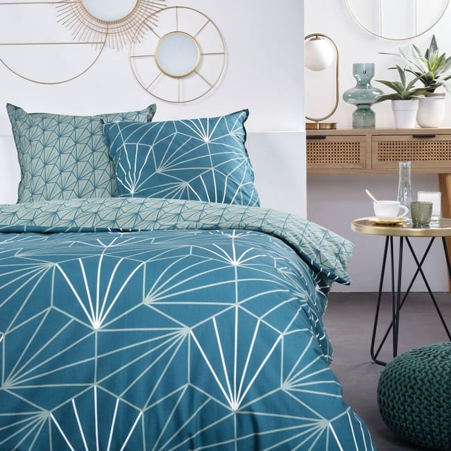 Parure de lit avec zip et imprimé Géométrique SUNSHINE POLLIE bleu <span itemprop=