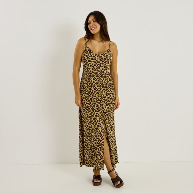 Robe longue imprimée à bretelles beige <span itemprop=