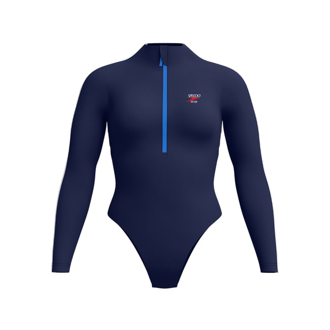 Maillot de bain 1 pièce à manches longues et col montant zippé bleu marine / rouge <span itemprop=