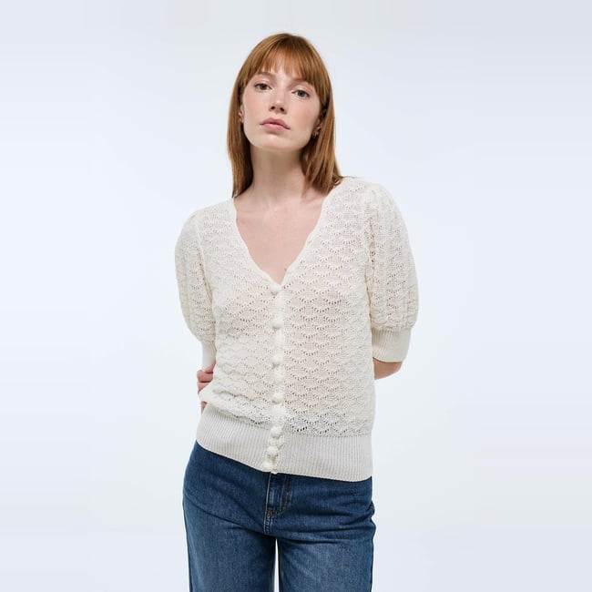 Top manches coudes en maille fantaisie ecru <span itemprop=