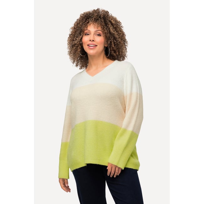 Pull à larges rayures vert citron <span itemprop=