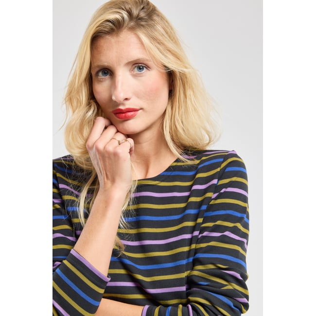 Marinière tricolore en coton épais noir/fir green/morado/soda <span itemprop=