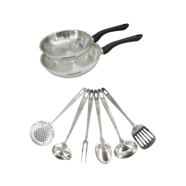 Set 2 poêles 20 et en inox et 6 ustensiles inox GENEVA inox|noir <span itemprop=