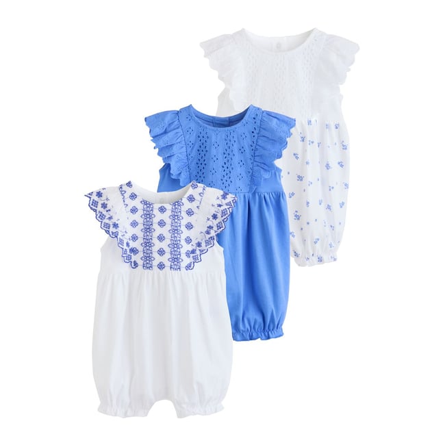 Barboteuse bébé brodée, lot de 3 broderie florale bleue <span itemprop=
