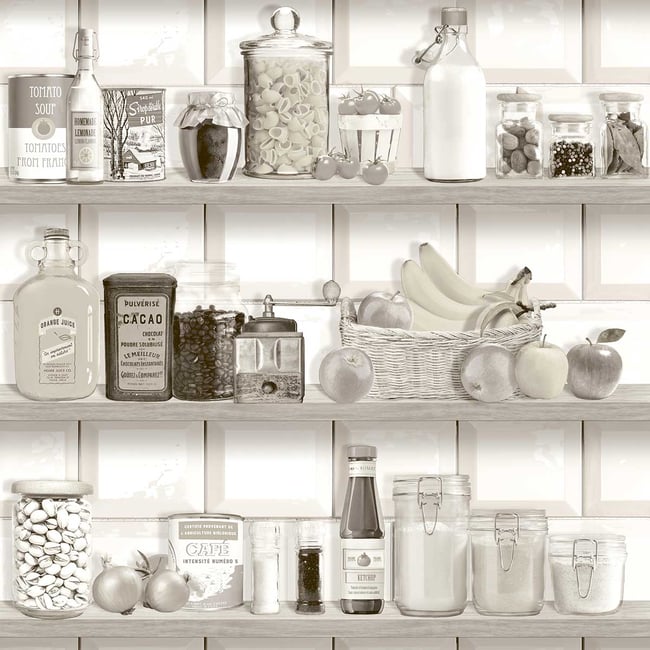 Papier peint étagère cuisine vintage sépia blanc Couleur beige <span itemprop=