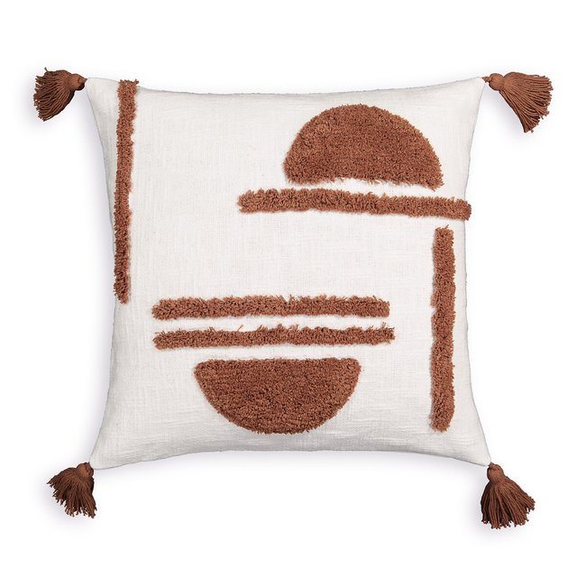 Capa de almofada, algodão tufado, 40x40 cm, Goboa cru/castanho <span itemprop=