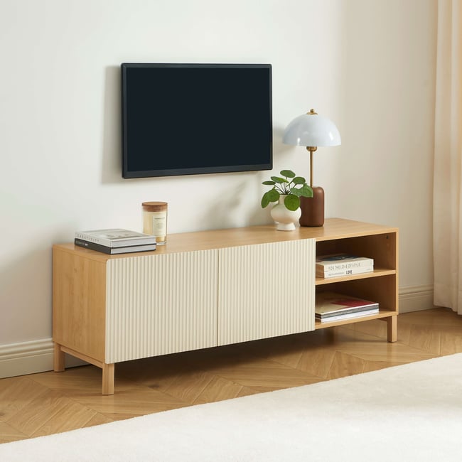 Meuble TV 2 portes  ORCA Couleur beige et chêne <span itemprop=