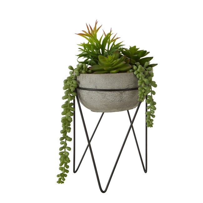 36cm Artificial Mixed Succulent, Grey Cement Pot with Metal Stand, grey, SO'HOME