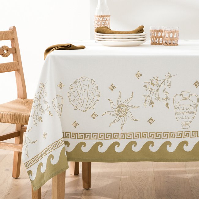 Tischdecke Hector mit Stickereien & Muster, Baumwolle beige / khaki <span itemprop=