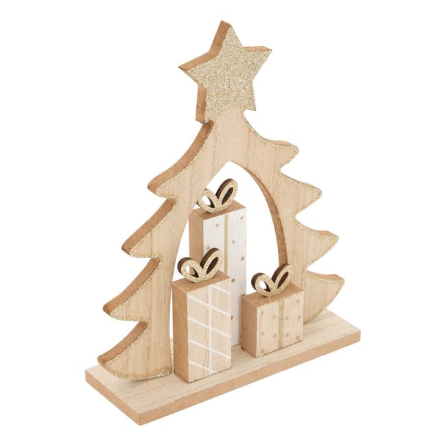 Décoration de Noël en bois motif sapin et cadeaux H. 21 cm Couleur marron <span itemprop=