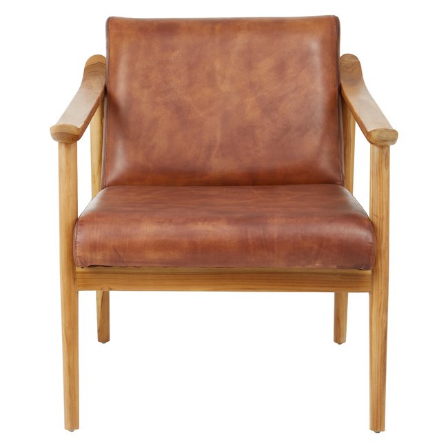 Brown Cow Leather and Natural Teak Wood Mid Century Chair, brown, SO'HOME