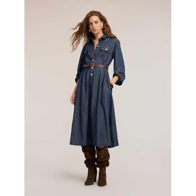 Robe chemise midi avec ceinture bleu <span itemprop=