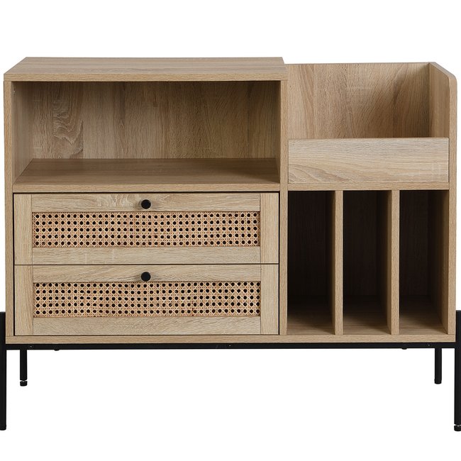 Meuble range vinyles 2 tiroirs en cannage et effet chêne - IRIS Couleur naturel <span itemprop=